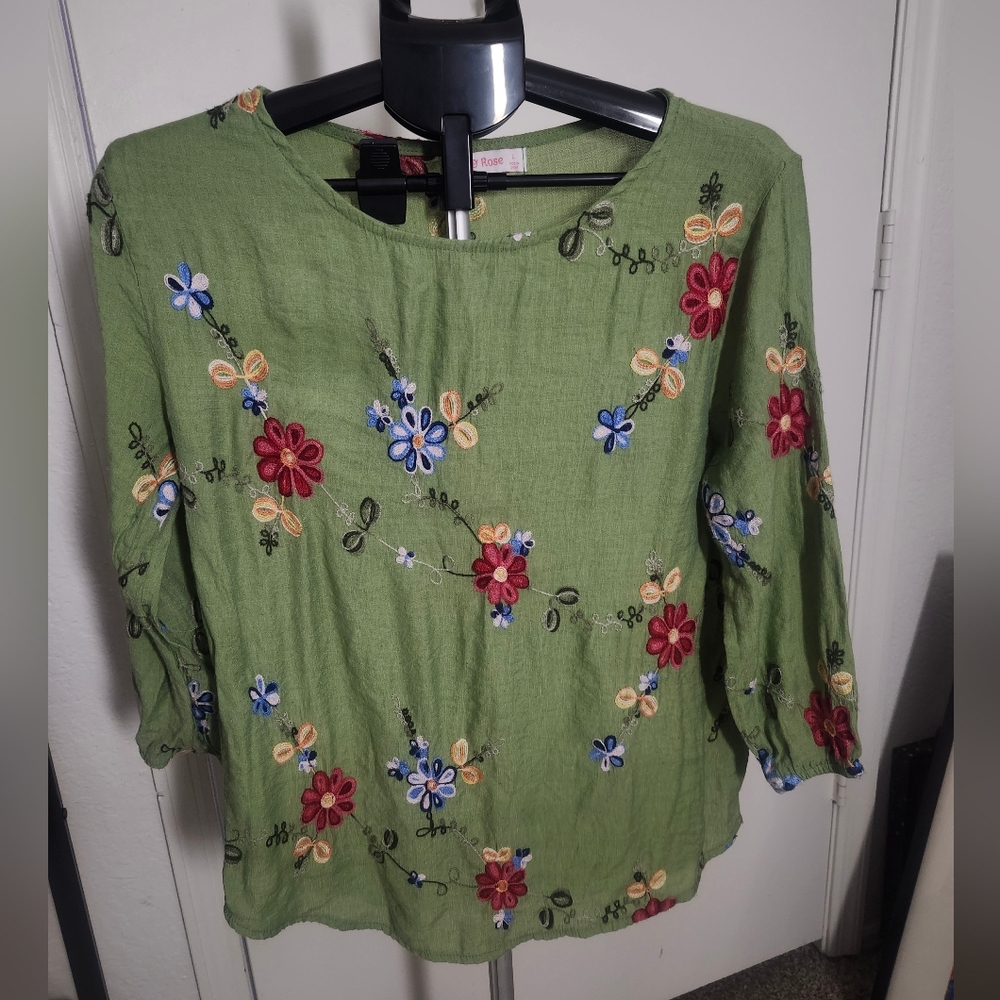 Floral Embroidered Green Blouse